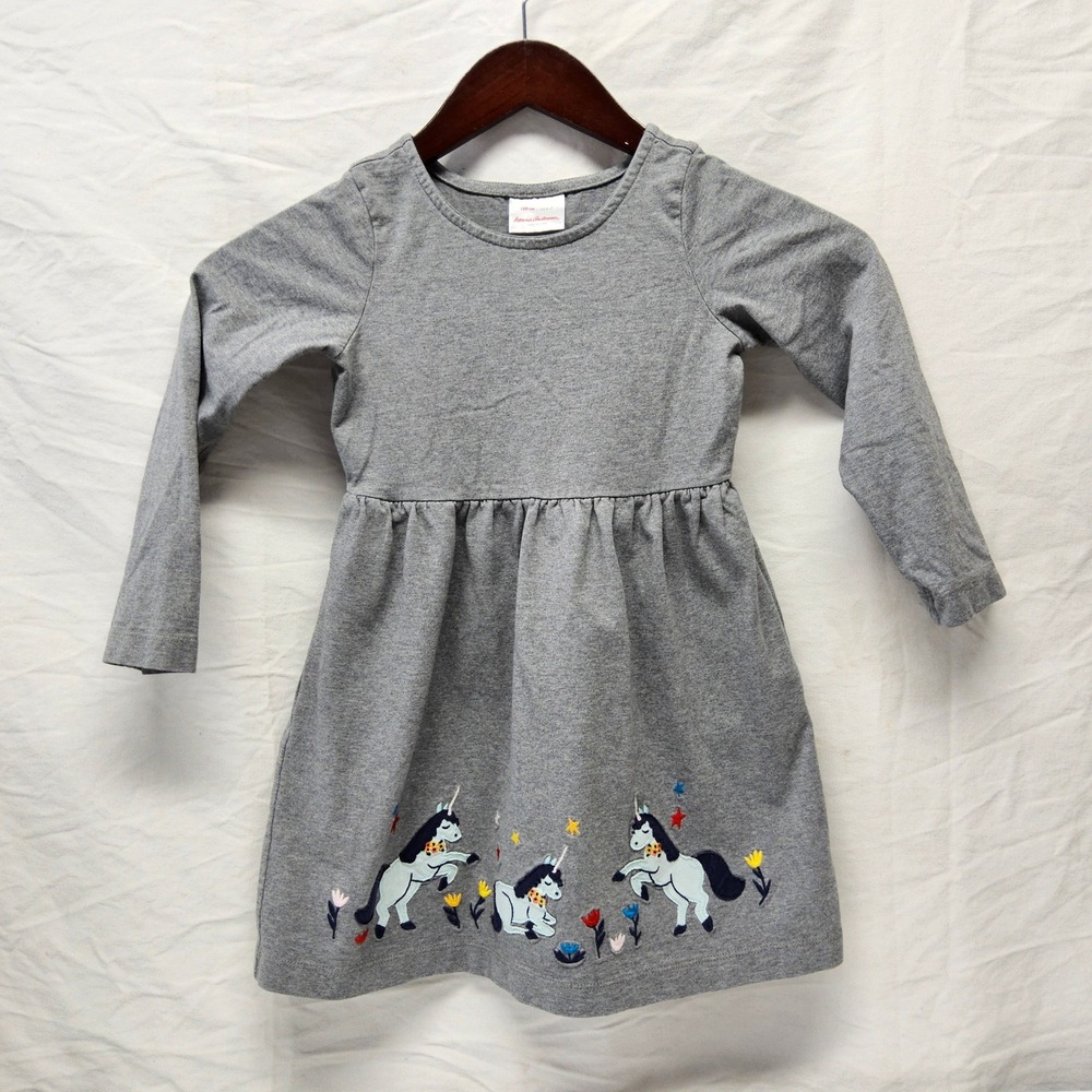 Hanna Andersson Unicorn Dress Kids 120 US 6-7 Gray Long Sleeve Embroidered 52499